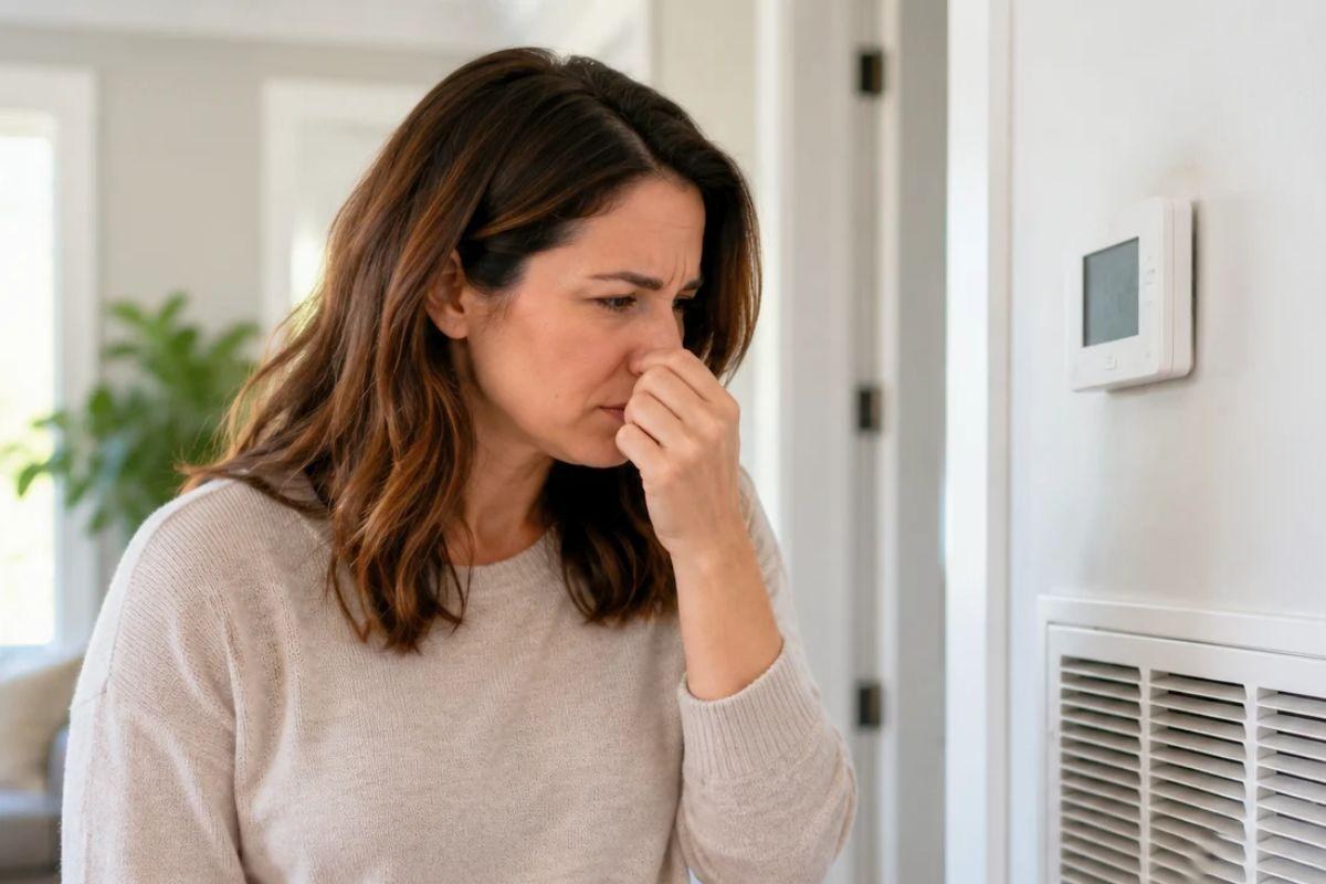 Homeowner noticing an unusual smell near an AC vent and thermostat.