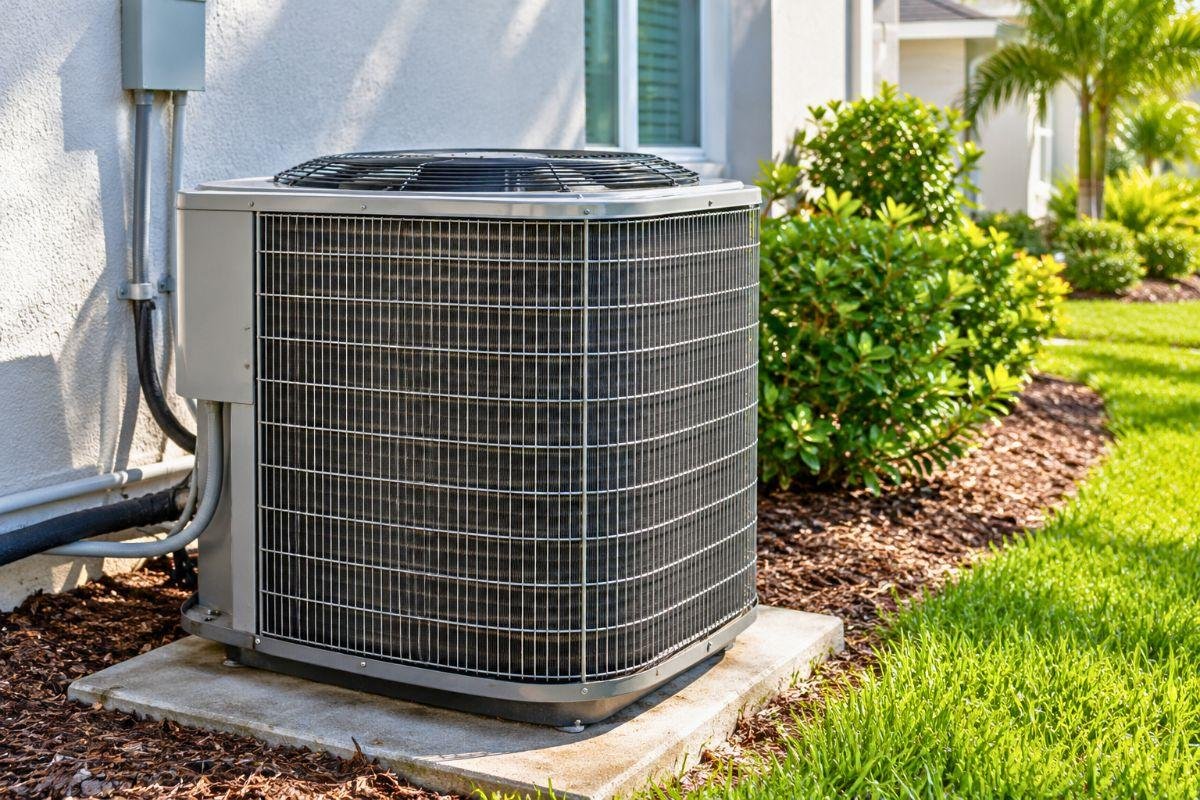 AC condenser unit outside a home.