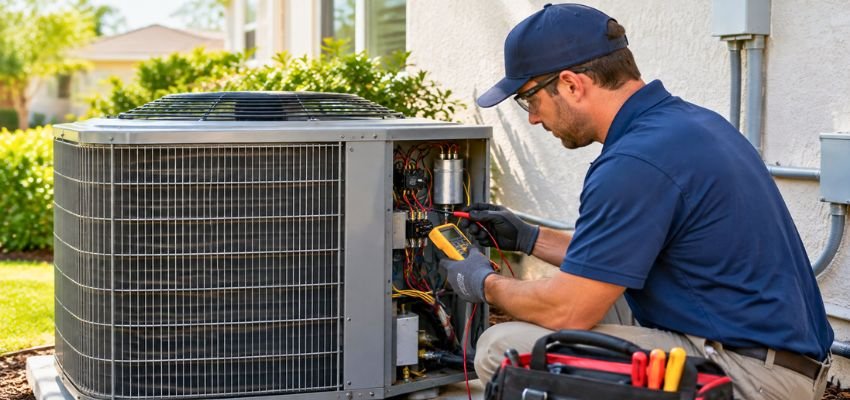 Outdoor AC condenser unit with visible coil damage and corrosion.