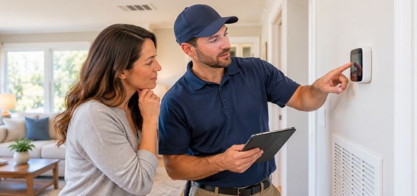HVAC technician explaining thermostat settings to a homeowner.
