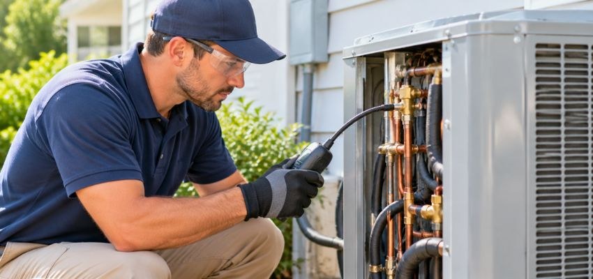 HVAC technician inspecting refrigerant lines on an outdoor AC unit.