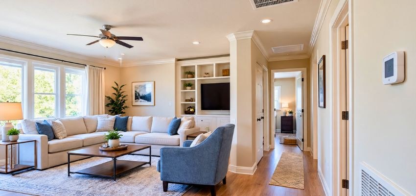 Living room with a ceiling fan and a wall-mounted thermostat.