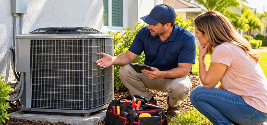 AC technician inspecting an outdoor condenser unit.