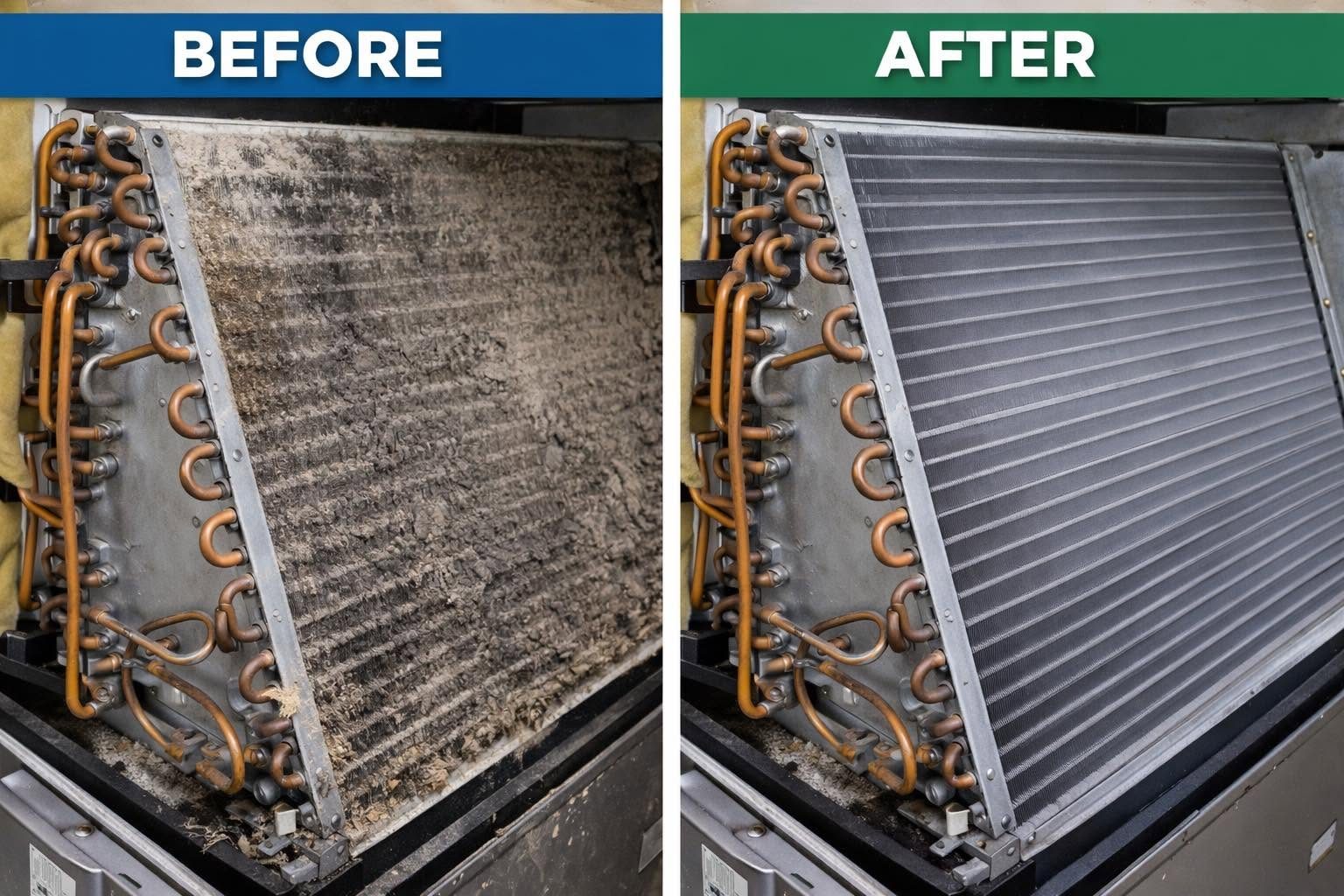 Air conditioner evaporator coil before and after professional cleaning by Fahrenheit AC