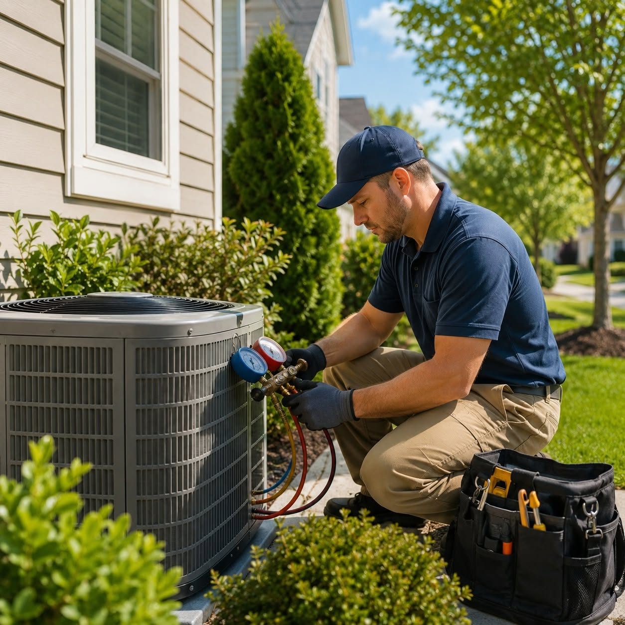 Fahrenheit AC technician checking refrigerant pressure on an outdoor condenser unit