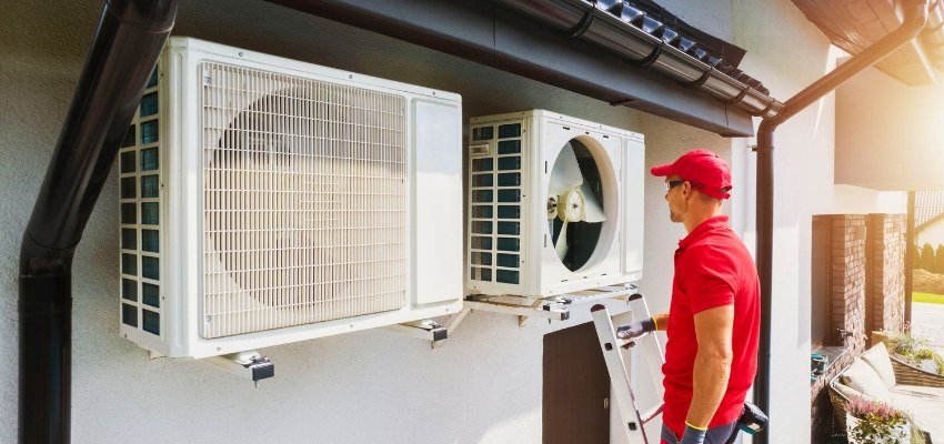Technician inspecting outdoor AC units on a building exterior, checking components including the AC capacitor.