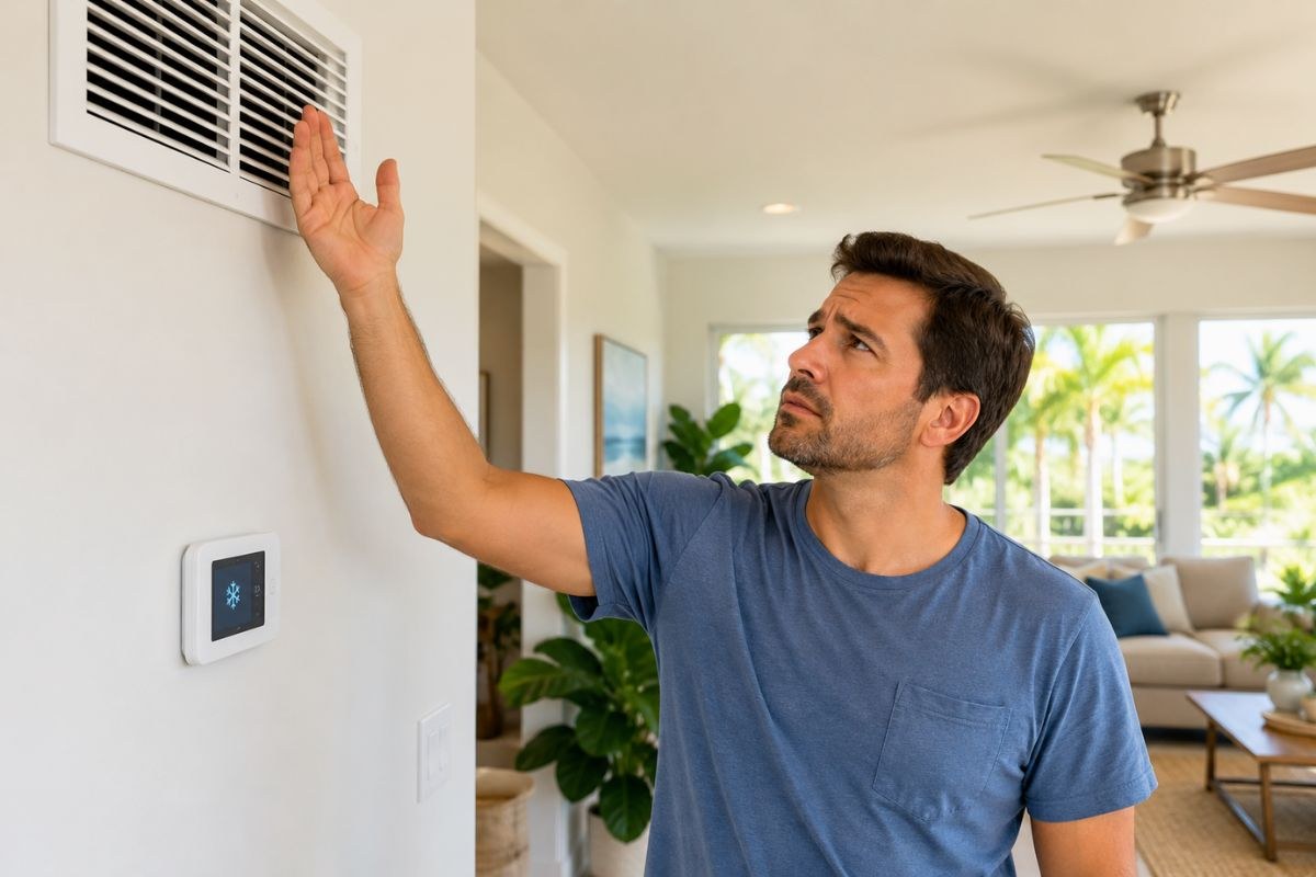 A homeowner checking an air vent while his central AC is not cooling.