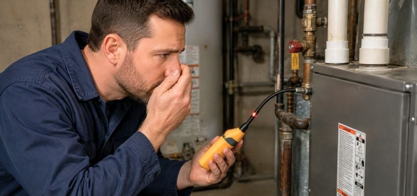 Technician inspecting a furnace for a gas leak.