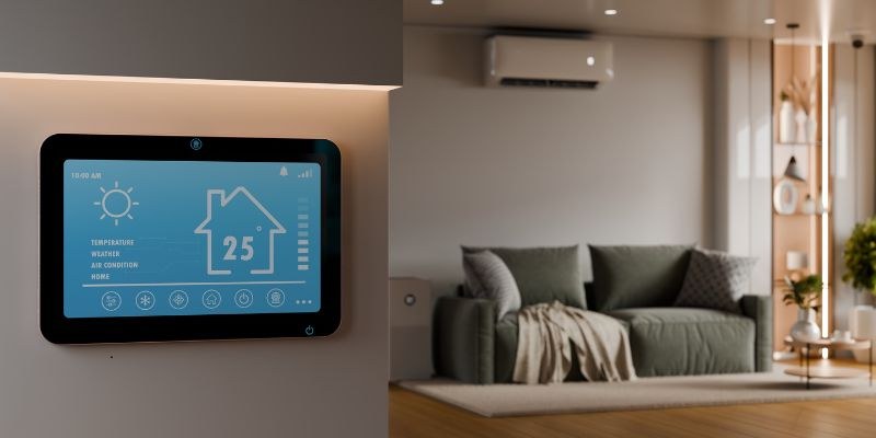 Wall-mounted smart home thermostat displaying 25°C with sunny weather icon, temperature scale, and home climate controls, set against a modern living room with air conditioning unit visible in the background, illustrating a comfortable indoor environment created by understanding how does an air conditioner work