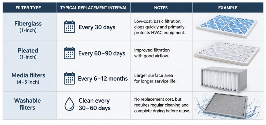 Informative chart showing filter types and replacement intervals to answer how often to change hvac filter.