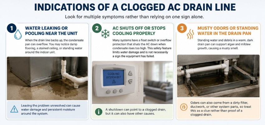 Infographic outlining key signs that indicate the need for how to unclog ac drain line