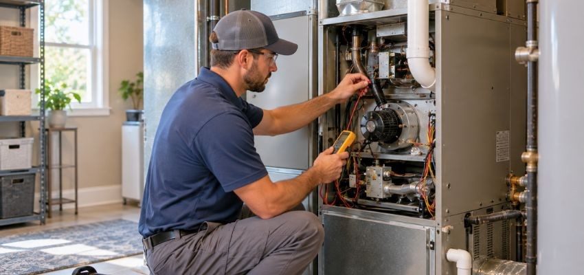 HVAC technician testing electrical components inside an indoor air handler.