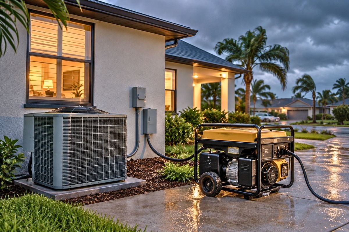 A portable generator powering an outdoor air conditioning unit.