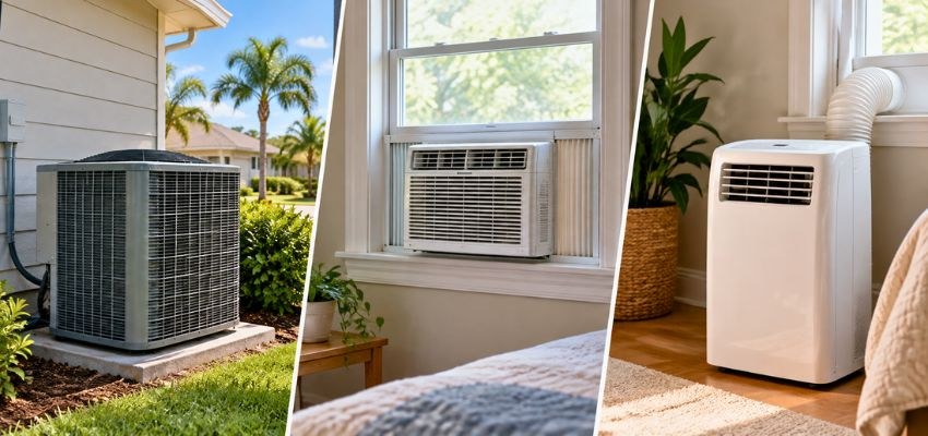 Central, window, and portable air conditioners.