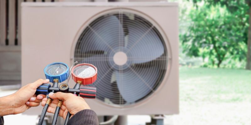 An HVAC technician tests a mini split ac unit.