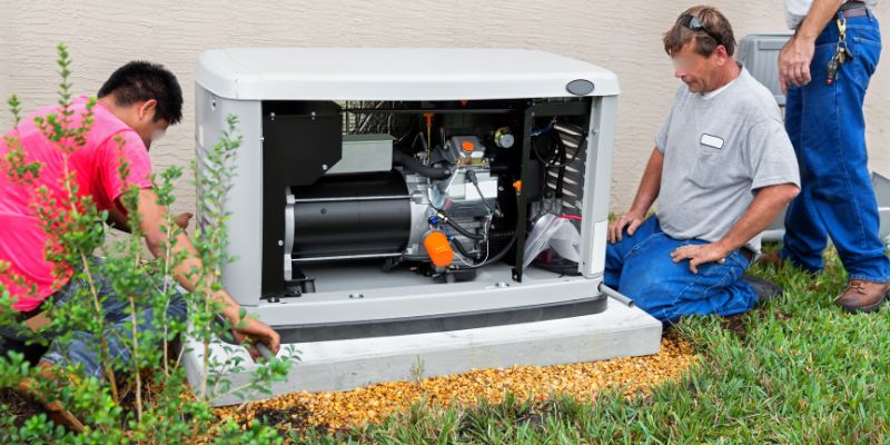 Experts install a generator that can run an air conditioner.