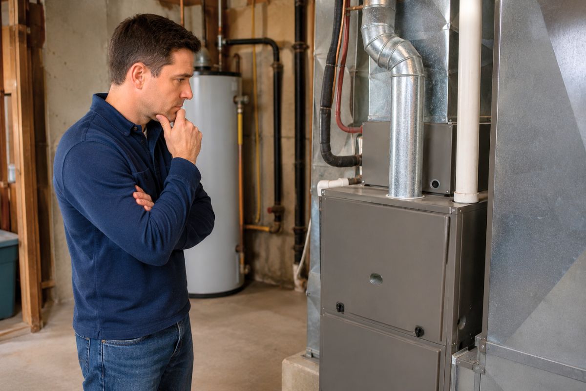 Homeowner inspecting a furnace and wondering do furnaces have pilot lights anymore.