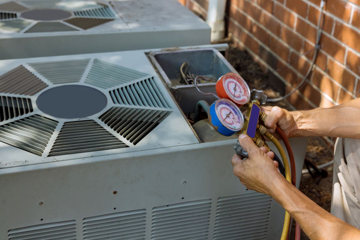 The expert inspects the AC capacitor to ensure it is working correctly.