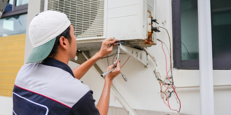 Professional technician in cap performing heater repair on an outdoor AC/heat pump unit, inspecting and working on rusted connections and wiring with tools