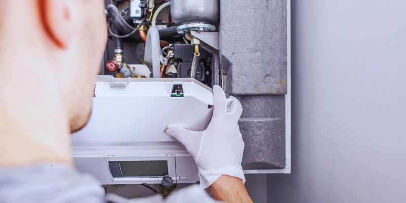 Technician in white gloves performing furnace scheduling maintenance, opening the front panel of a modern wall-mounted gas furnace to access the control board and digital display for programming or thermostat scheduling.