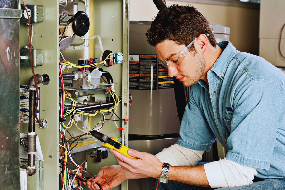 HVAC professional conducting furnace scheduling diagnostics, wearing safety glasses and using a yellow digital multimeter to test electrical components inside an open furnace control panel with exposed wiring and circuit board during a service call.