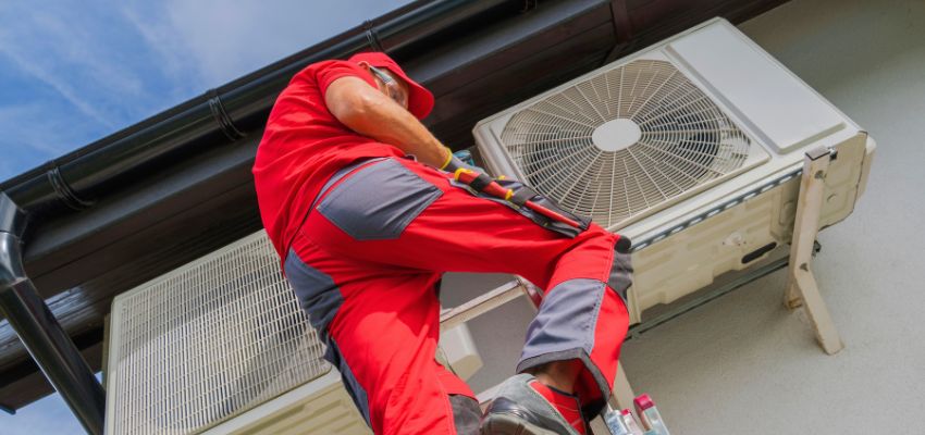 The expert examines the AC drain pan of the AC unit system.