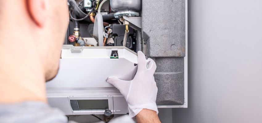 Furnace maintenance technician wearing gloves while servicing and inspecting an open furnace unit