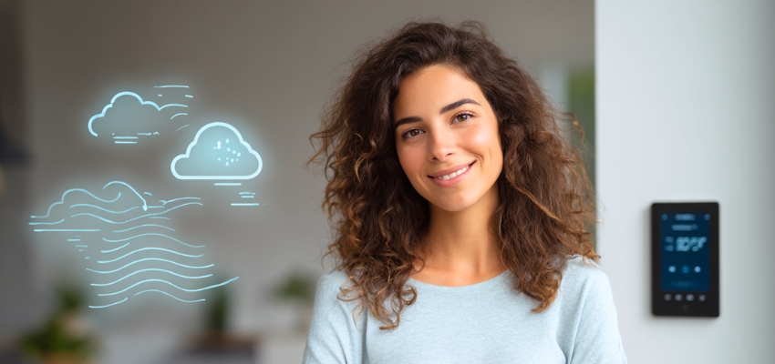 Smiling woman with fresh air graphics and smart thermostat, representing the benefits of an ERV system