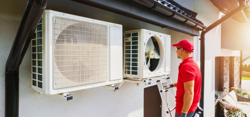 Technician inspecting outdoor AC units on a building exterior, checking components including the AC capacitor.