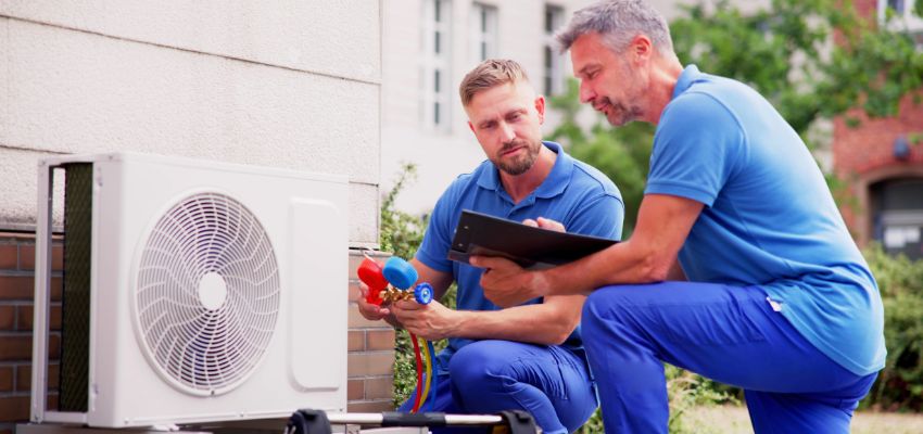 Two HVAC technicians diagnosing an outdoor AC unit, essential for troubleshooting when your ac making noise