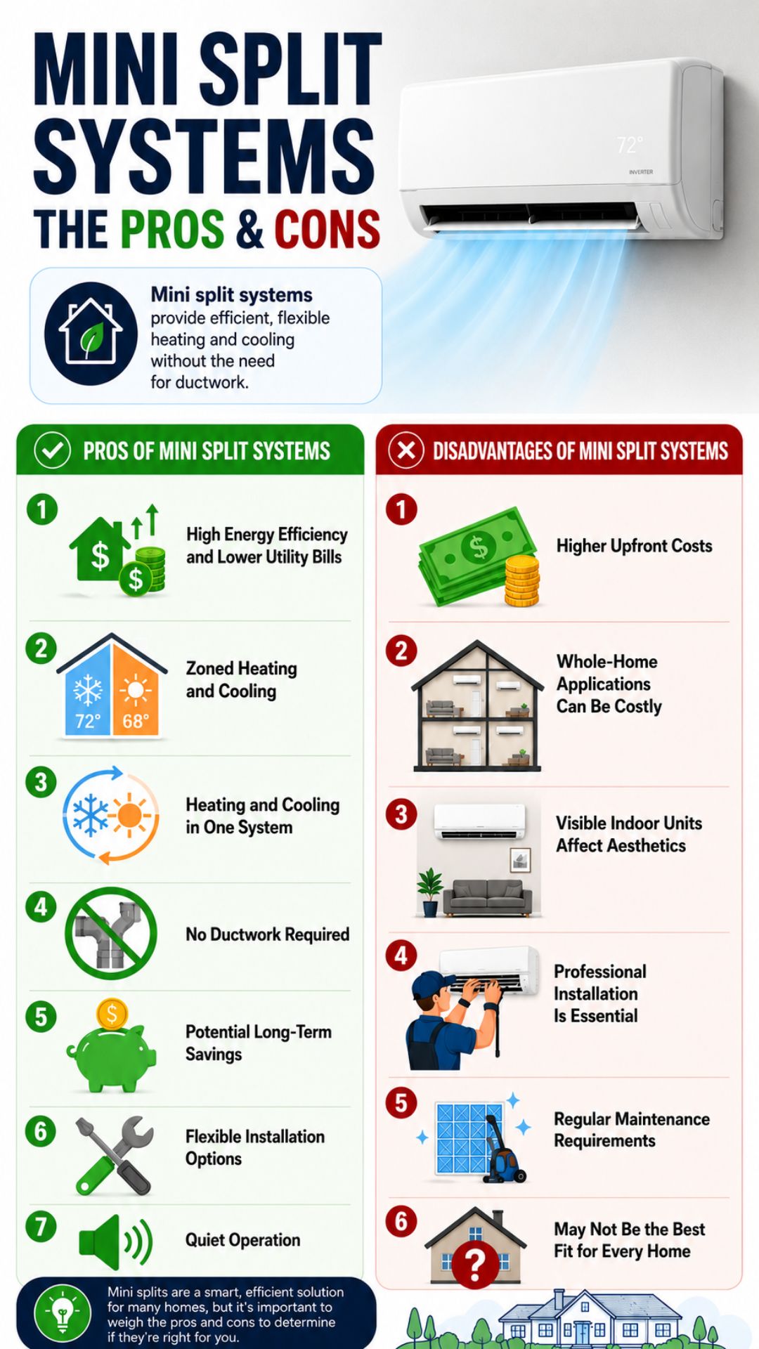 Infographic detailing the pros and cons of mini split systems to help answer the question: are mini splits worth it for your home.