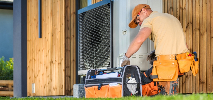 Technician repairing an outdoor air conditioning unit, troubleshooting why ac breaker keeps tripping.