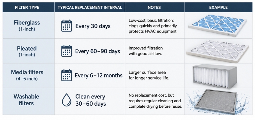 Informative chart showing filter types and replacement intervals to answer how often to change hvac filter.