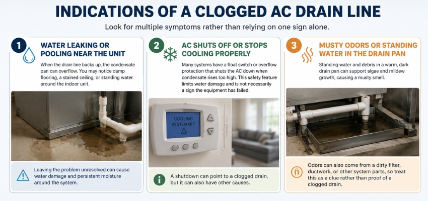 Infographic outlining key signs that indicate the need for how to unclog ac drain line