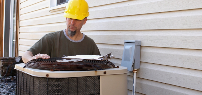 Technician inspecting an outdoor AC unit as part of learning how to unclog ac drain line.